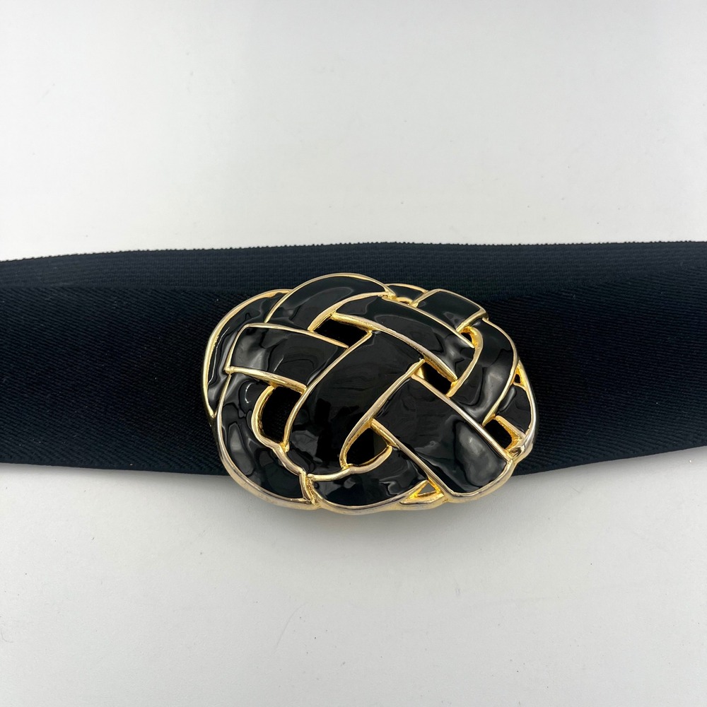 Day-Lor Vintage Black Elastic Belt Large Gold Enamel Knot Buckle Statement Retro